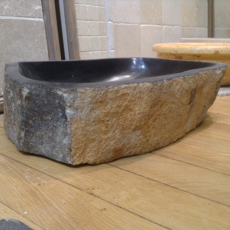 Vasque à poser asymétrique en pierre naturelle basalte 55x42x1cm noir